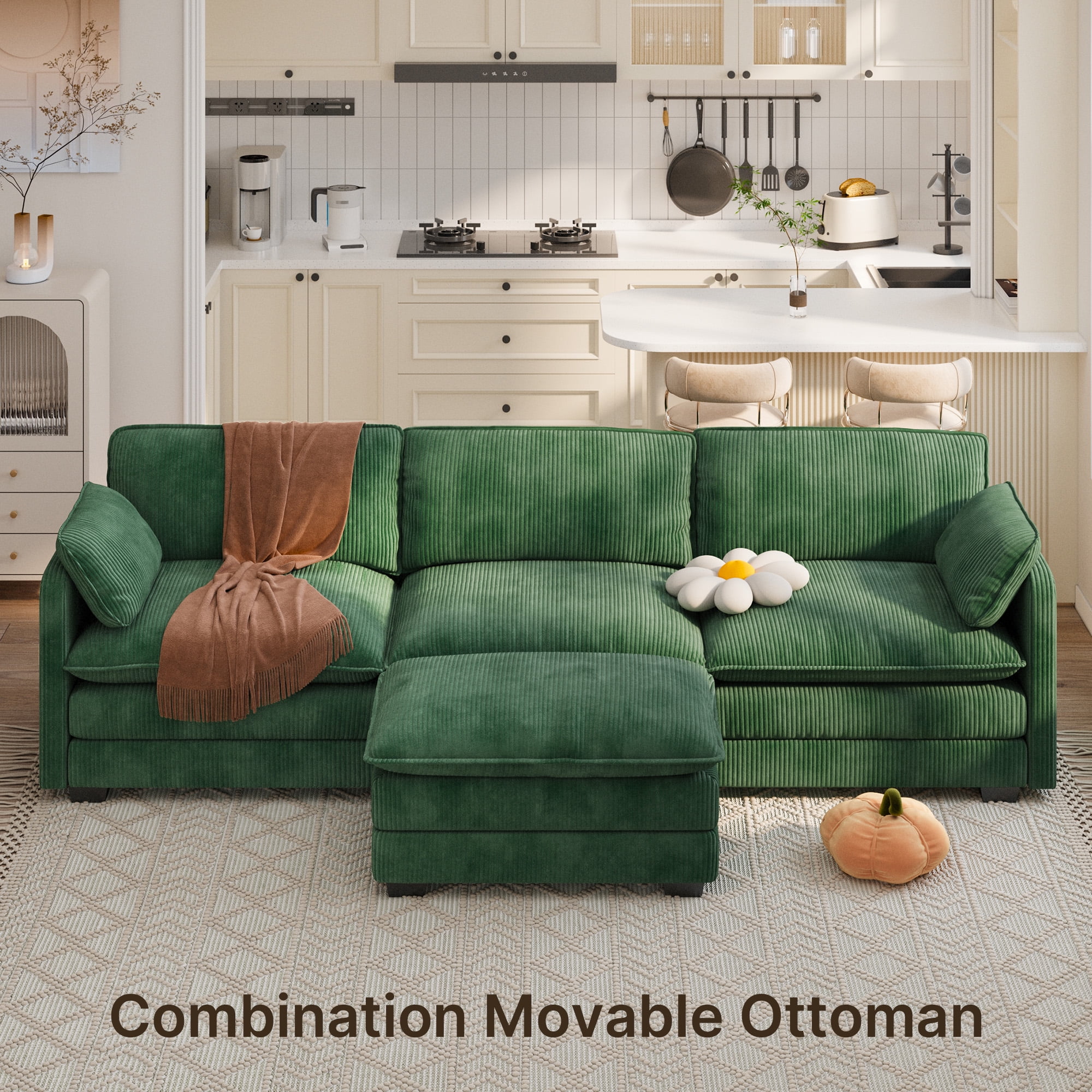 Lofka 110�� Modular Sectional Sofa Bed with Double Layer Cushions and Movable Ottoman, Modern Comfy Cloud Couch for Living Room, DIY Combination, Green