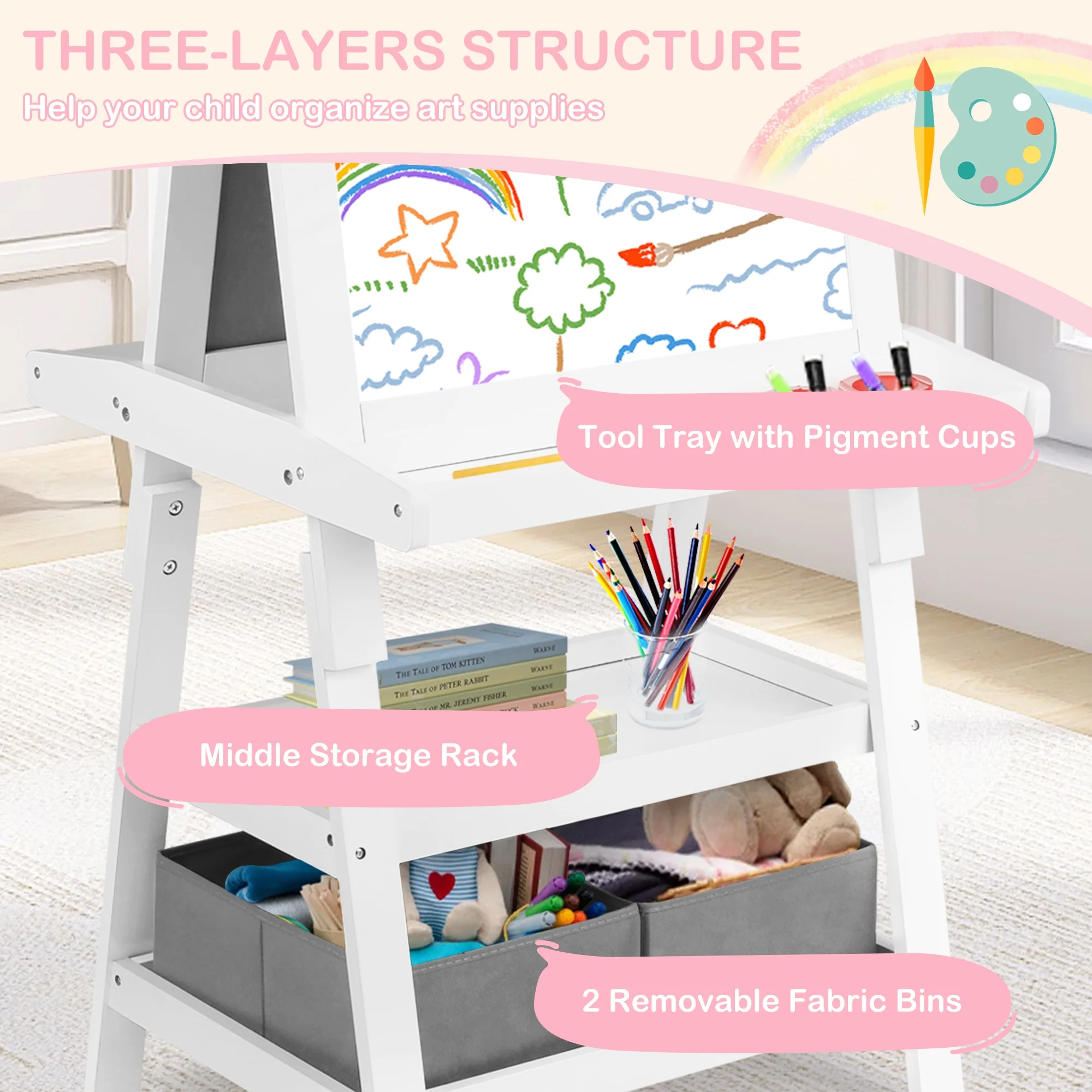 LINLUX 3 in 1 Art Easel for Kid, Whiteboard for Kid with Stand, Magnetic Chalkboard Pizarra, Grey