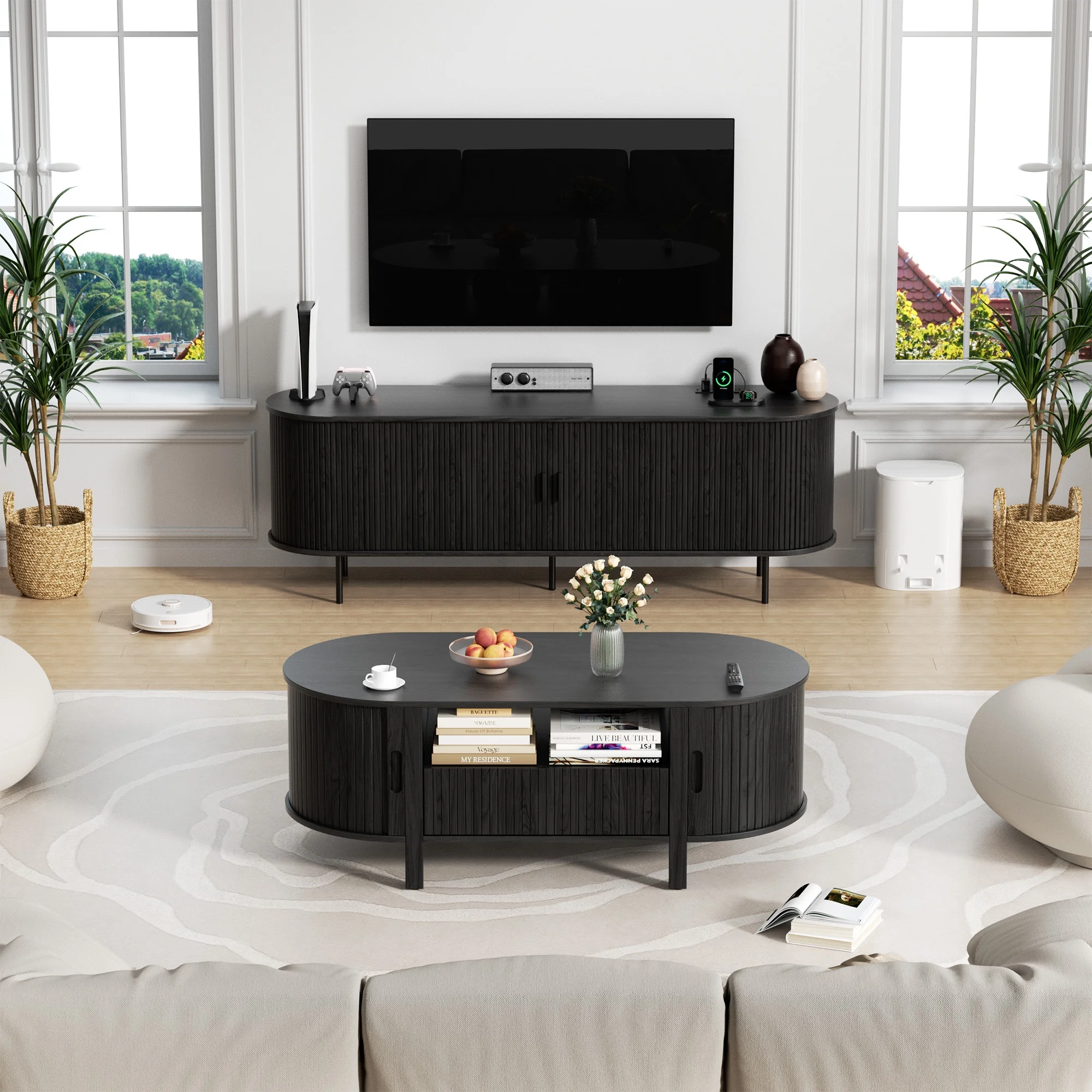 MARNUR Coffee Table with Storage, Tambour Sliding Door, Open Shelf, Mid Century Modern Center Table with Drawer for Living Room, Walnut