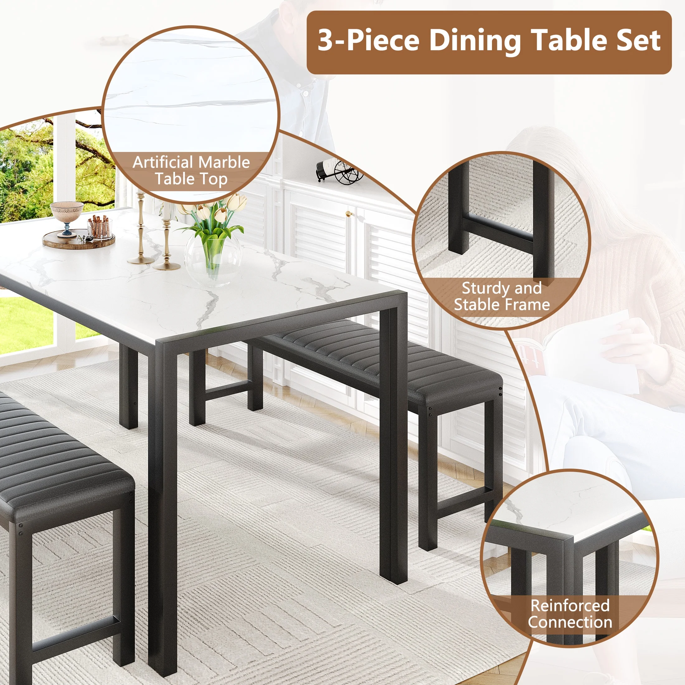 UHOMEPRO Dining Room Table Set, 3-Piece Dining Table Set with 2 Benches, Kitchen Table Set for 4 with Metal Frame, Modern Dining Room Set Furniture Set for Bar Dining Room Breakfast Nook, Black
