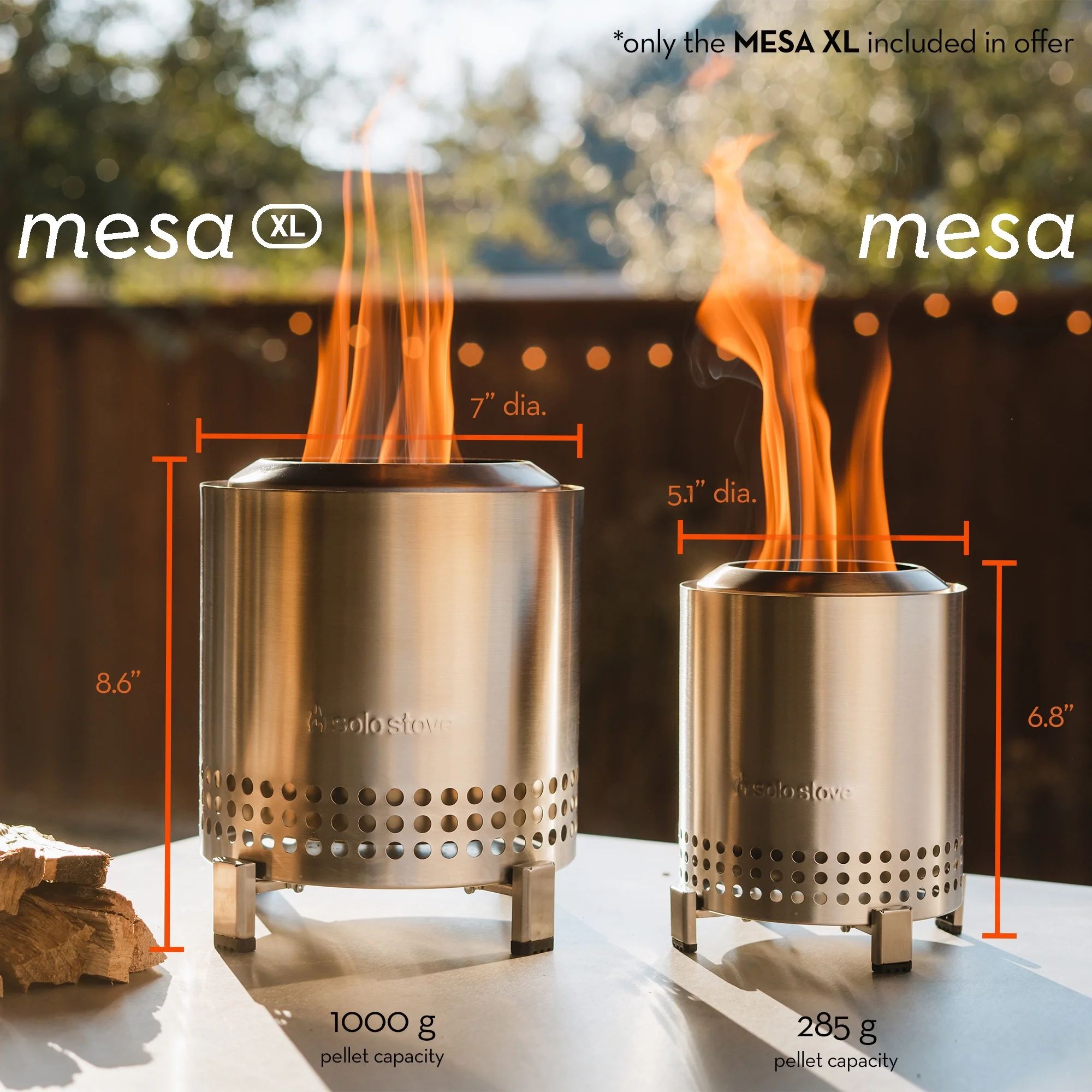Solo Stove Mesa XL Tabletop Fire Pit with Stand | Low Smoke Outdoor Mini Fire for Urban & Suburbs | Fueled by Pellets or Wood, Stainless Steel, With Travel Bag, H: 8.6