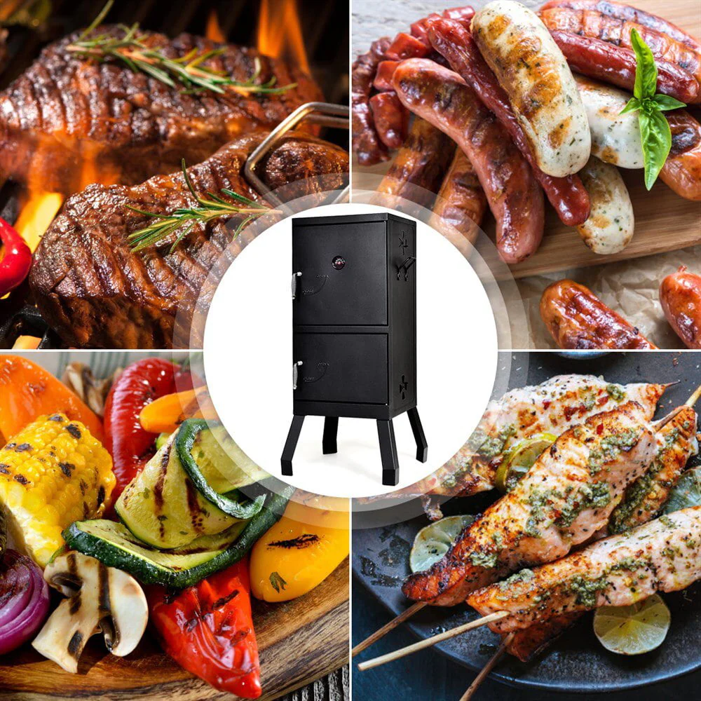 Black Vertical Charcoal Smoker BBQ Barbecue Grill w/ Temperature Gauge Outdoor