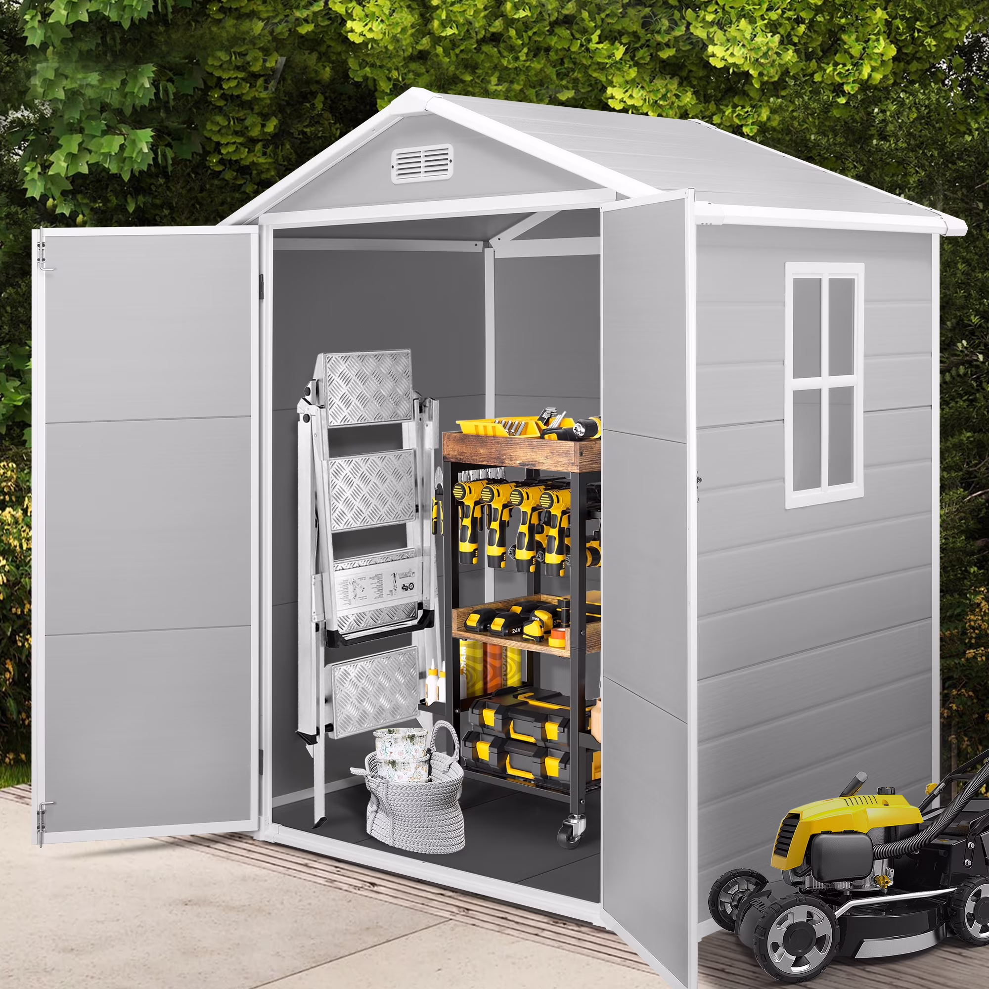 Syngar 6' x 4' Outdoor Plastic Storage Shed, Tools Storage Shed, All Weather Garden Shed with Lockable Doors, Reinforced Floor and Pitched Roof, Outdoor Storage Shed for Backyard, Patio, Lawn