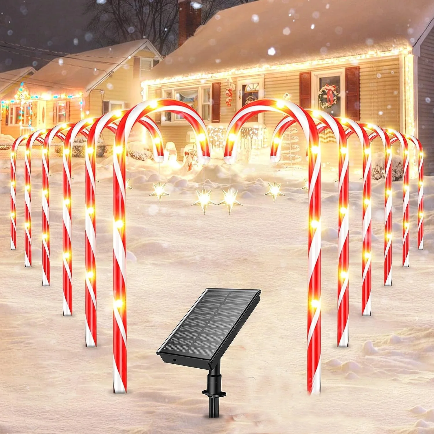 12 Pack Christmas Decorations Outdoor Solar Candy Cane Lights, Waterproof Solar Pathway Markers Yard Lights with Star, 8 Modes Xmas Decorations for Garden Yard Decor
