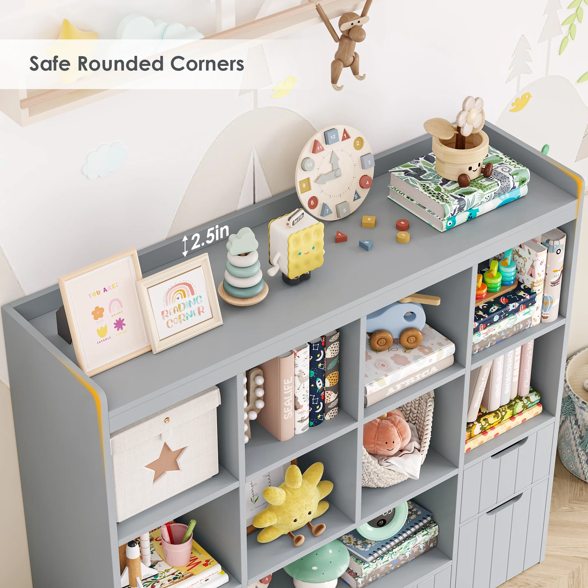 Homfa Kids Toy Storage Organizer with Cubby, Kids Toy Storage Chest with Removable Drawers, Kids Bookcase for Playroom Bedroom Living Room, Gray