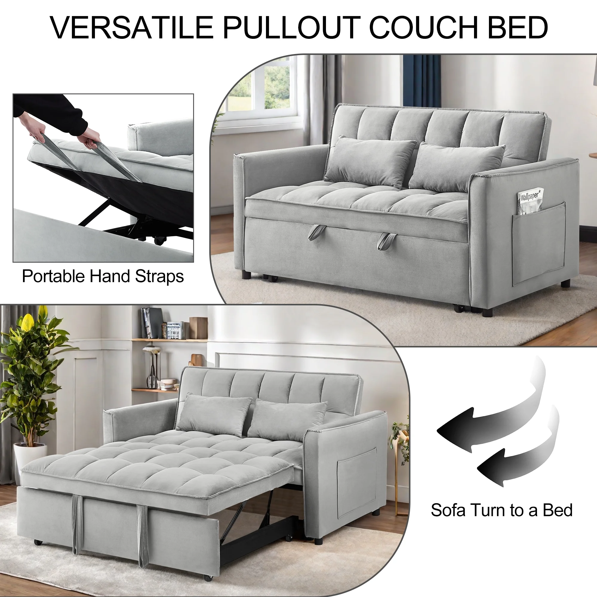 Convertible Sofa Bed,3-in-1 Sleeper Sofa with Pull Out Bed,Sleeper Futon Couch Loveseat with Adjsutable Backrest and Pillows for Living Room,Gray