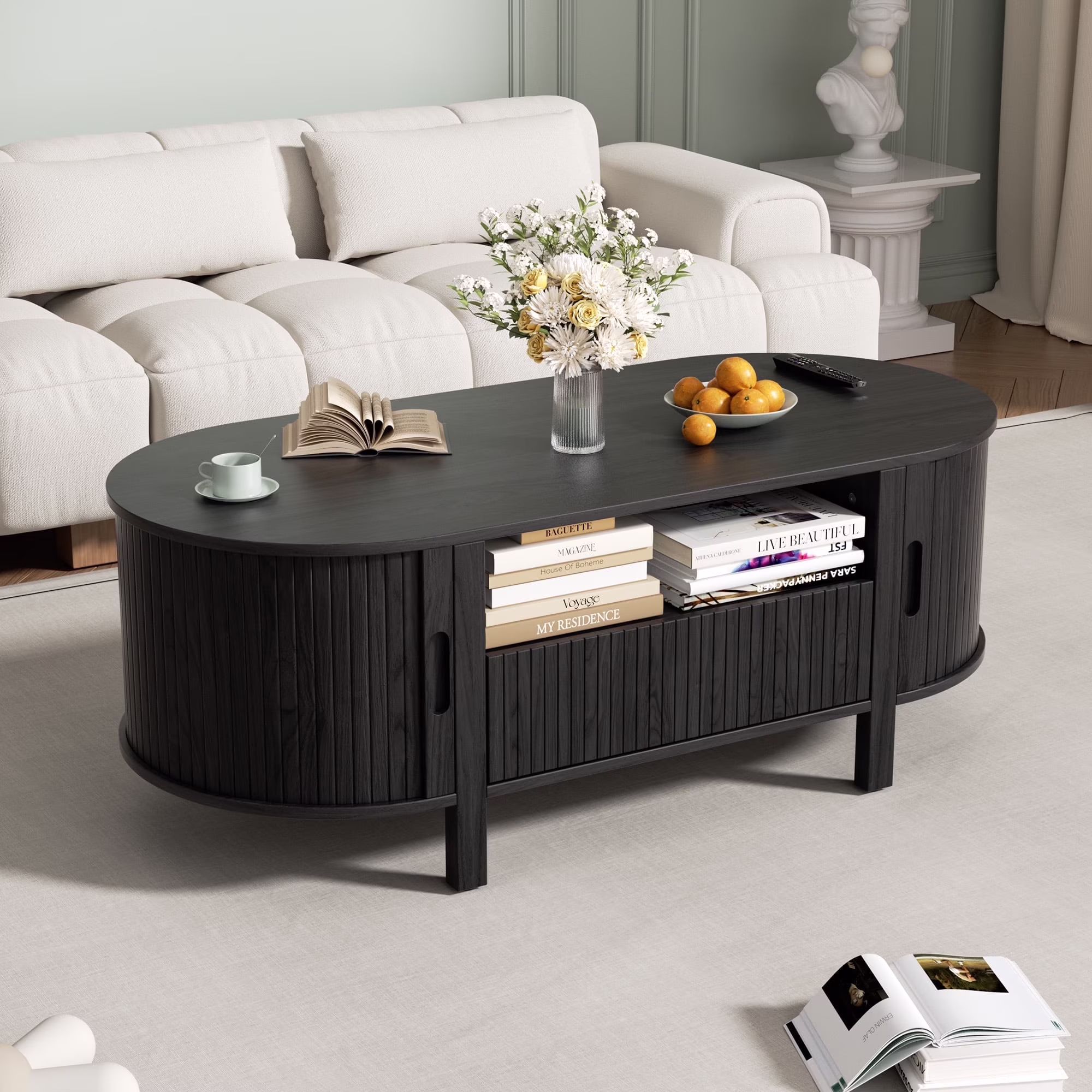 MARNUR Coffee Table with Storage, Tambour Sliding Door, Open Shelf, Mid Century Modern Center Table with Drawer for Living Room, Walnut