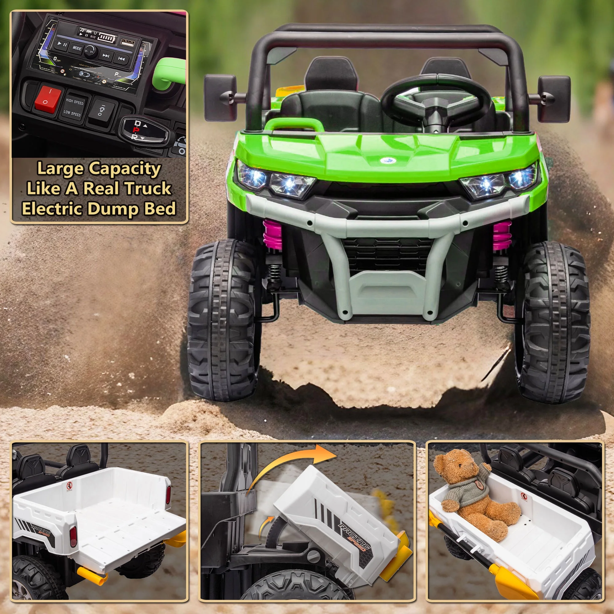 Xuanlur 24V 2 Seater Kids Ride on Car Truck, Ride on UTV W/ 2x200W Motor, 24 Volt Ride on Toys W/ Dump Bed/Shovel, Electric Car for Kids W/ Durable Tires, LED Light, Music, Remote Control, Black