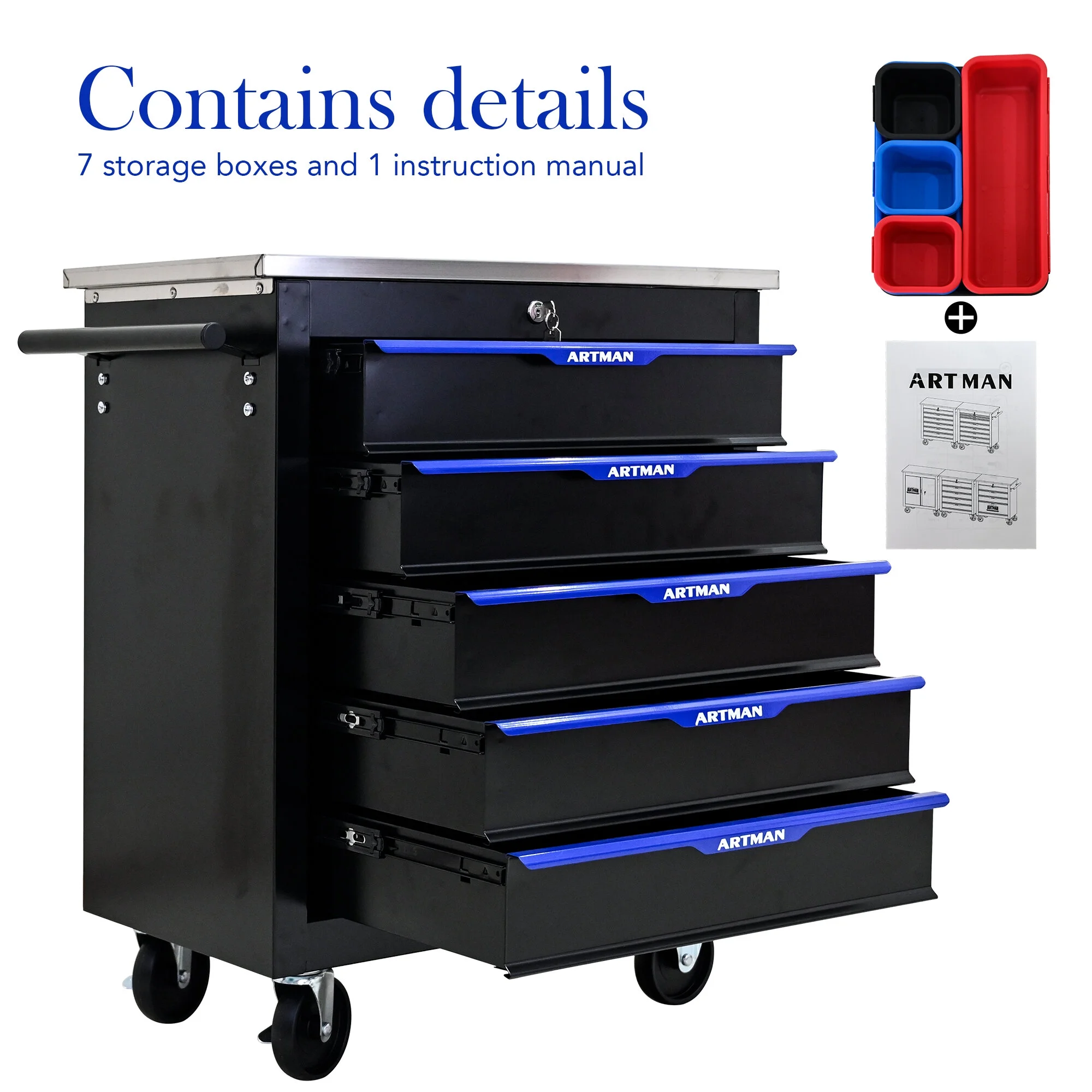 DUOSONG 5 Drawers Multifunctional Tool Cart With Wheels-Black+Blue Black+Blue Metal Tools & Tool Organizers Tool Cabinets