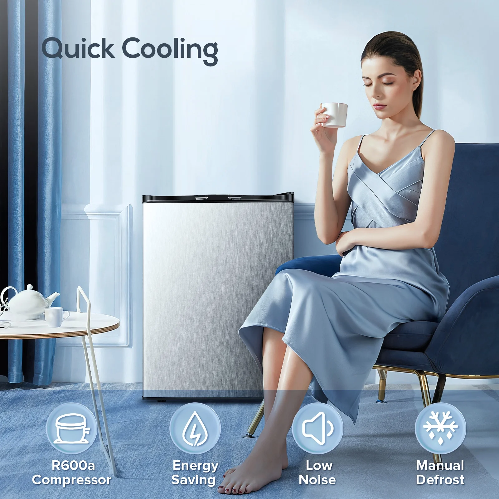 Auseo Mini Freezer Countertop, Energy Saving 2.6 Cu.ft, Single Door Compact Upright Freezer with Reversible Door for Home/Office/Kitchen-White