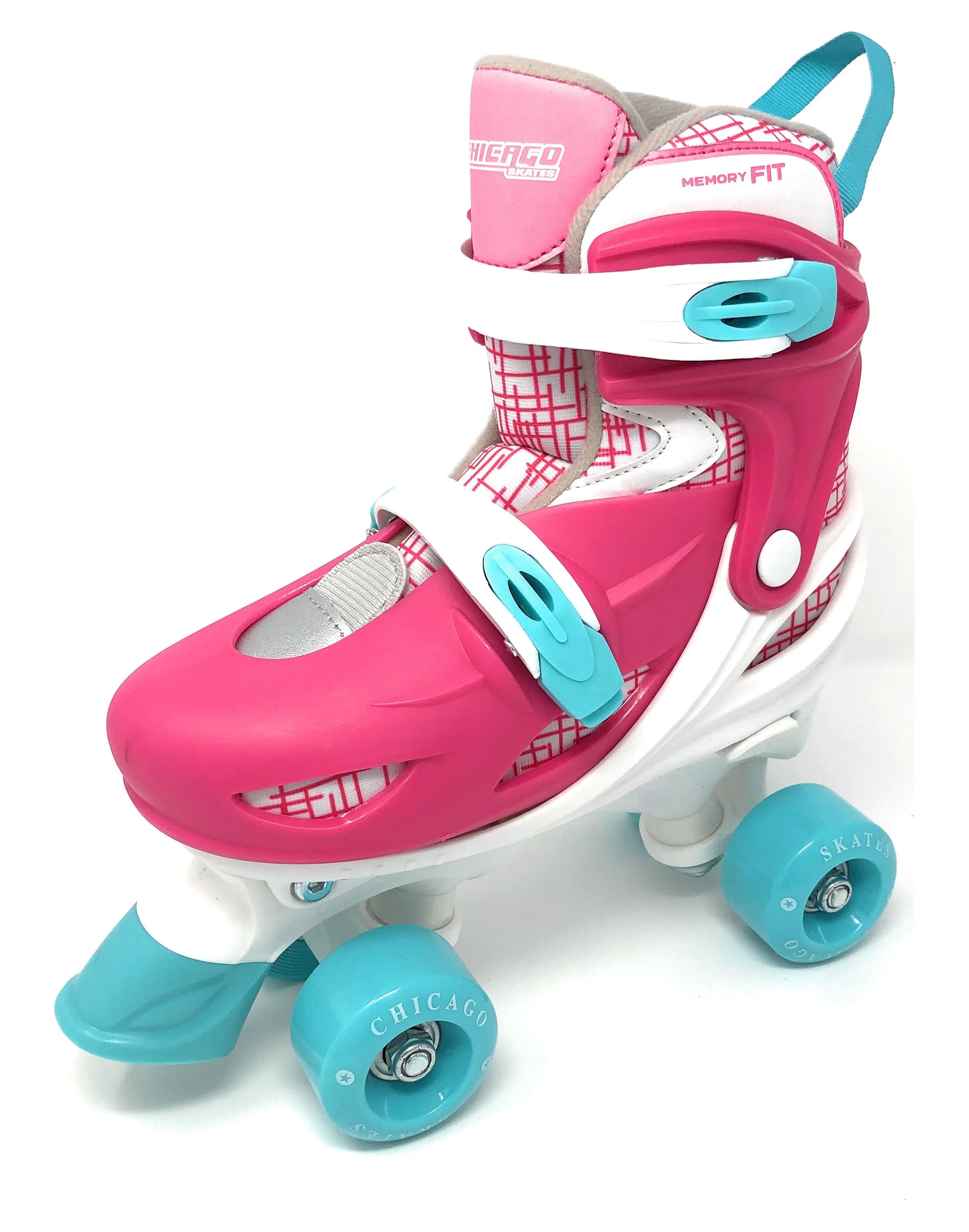 Chicago Skates Adjustable Quad Roller Skate Combo Set Pink/White/Teal – Skates, Helmet, Knee Pads, And Wrist Guards - Size Medium(1-4)