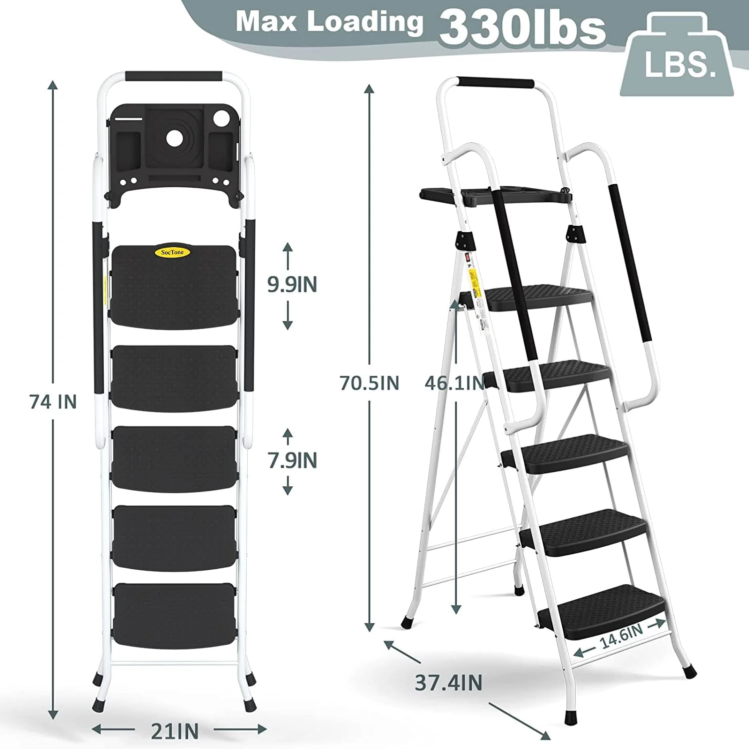 HBTower Folding 5-Step Ladder, 330lbs, with Handrails and Tool Tray and Anti-Slip Pedal, White