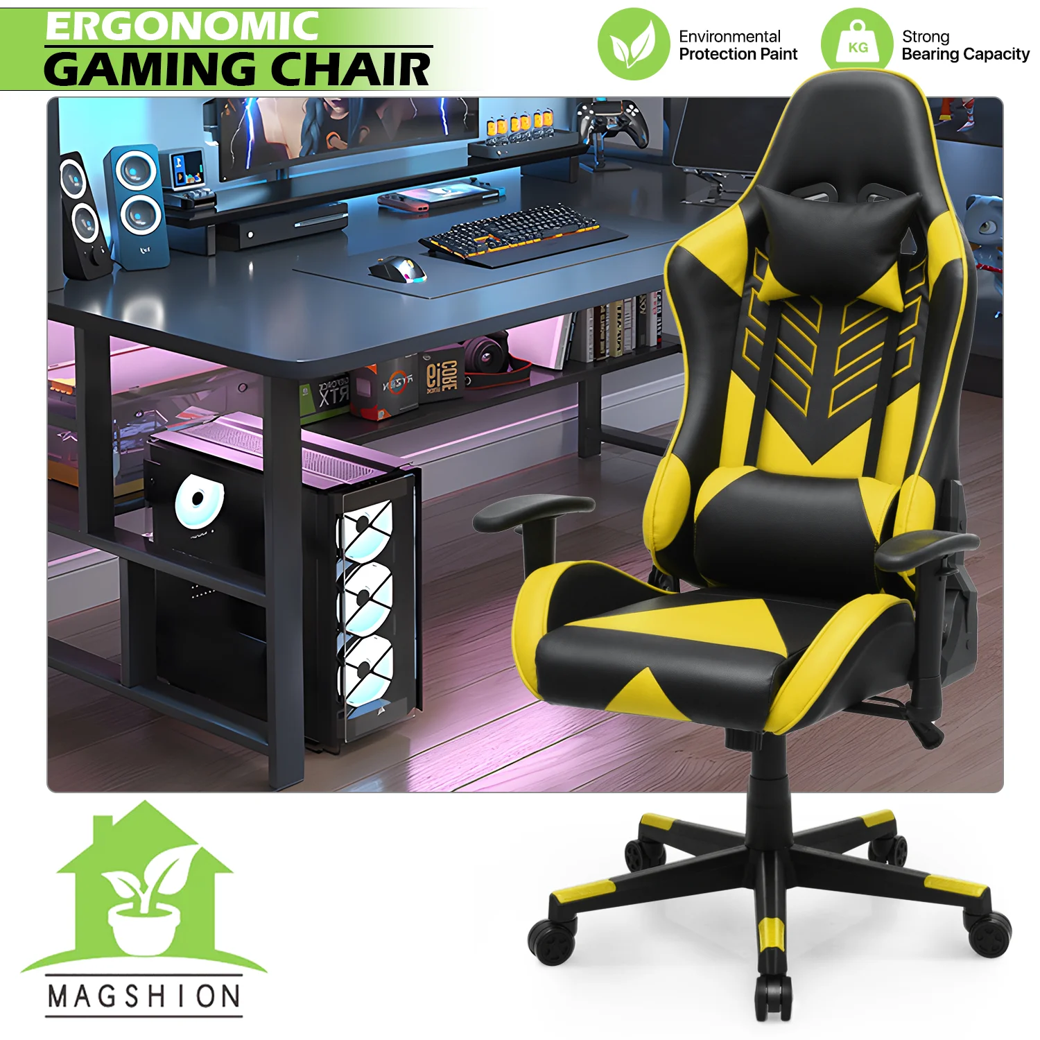 Magshion Ergonomic Gaming Chair, Comfortable Gaming Chair, Computer Chair Leather Desk Chair Adjustable Swivel Gaming Office Chair, Blue