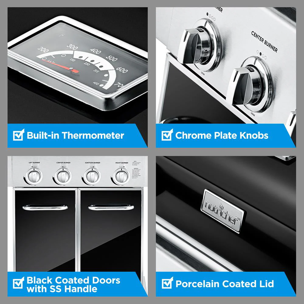 Heavy-Duty 5-Burner Propane Gas Grill - Stainless Steel Grill, 4 Main Burner with 1 side burner, 52,000 BTU Grilling Capacity, Electronic Ignition System, Built-in Thermometer - NutriChef NCGRIL2