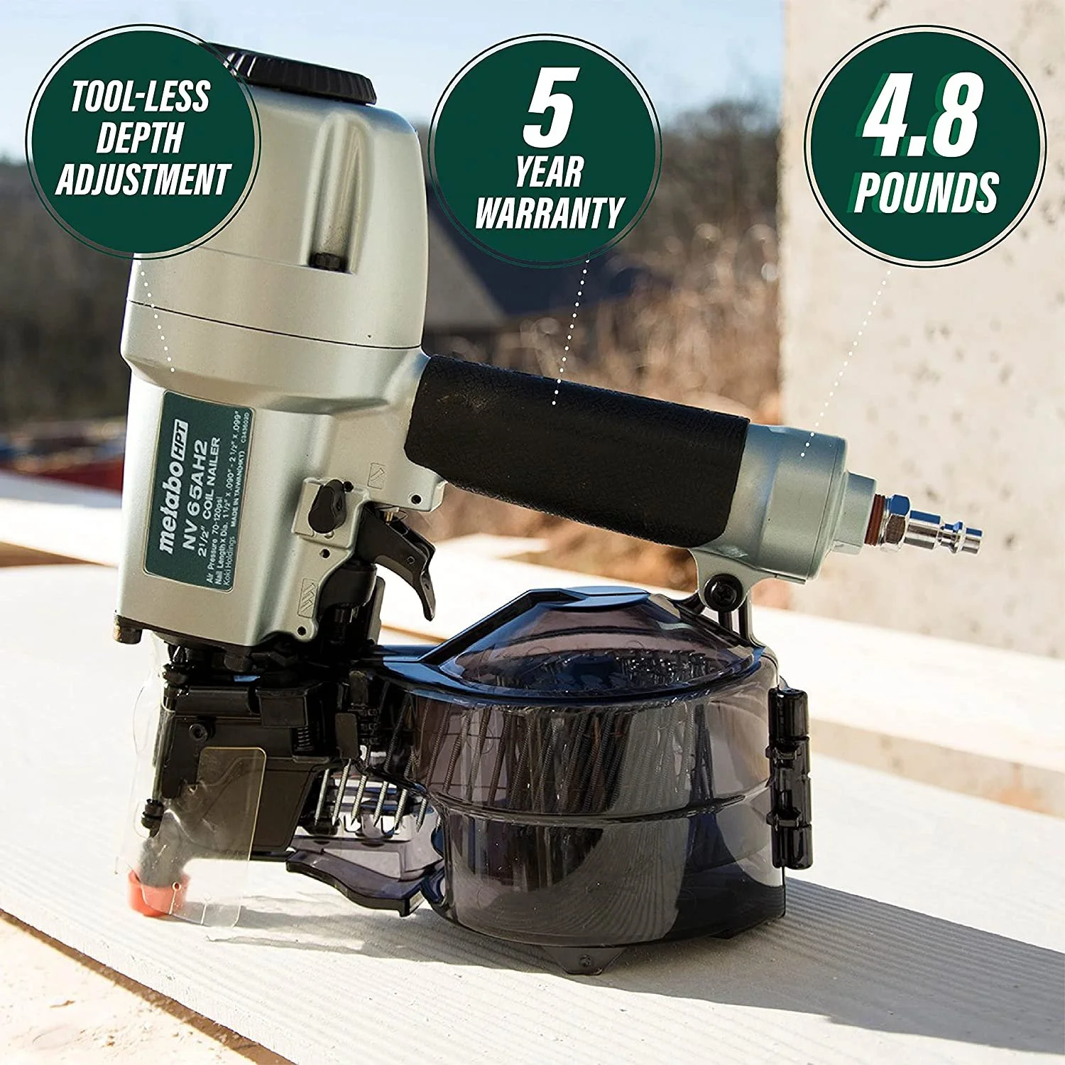 Metabo HPT Coil Siding Nailer, 1-1/2 inch to 2-1/2 inch Siding Nails, Side load, Tilt Bottom Magazine NV65AH2