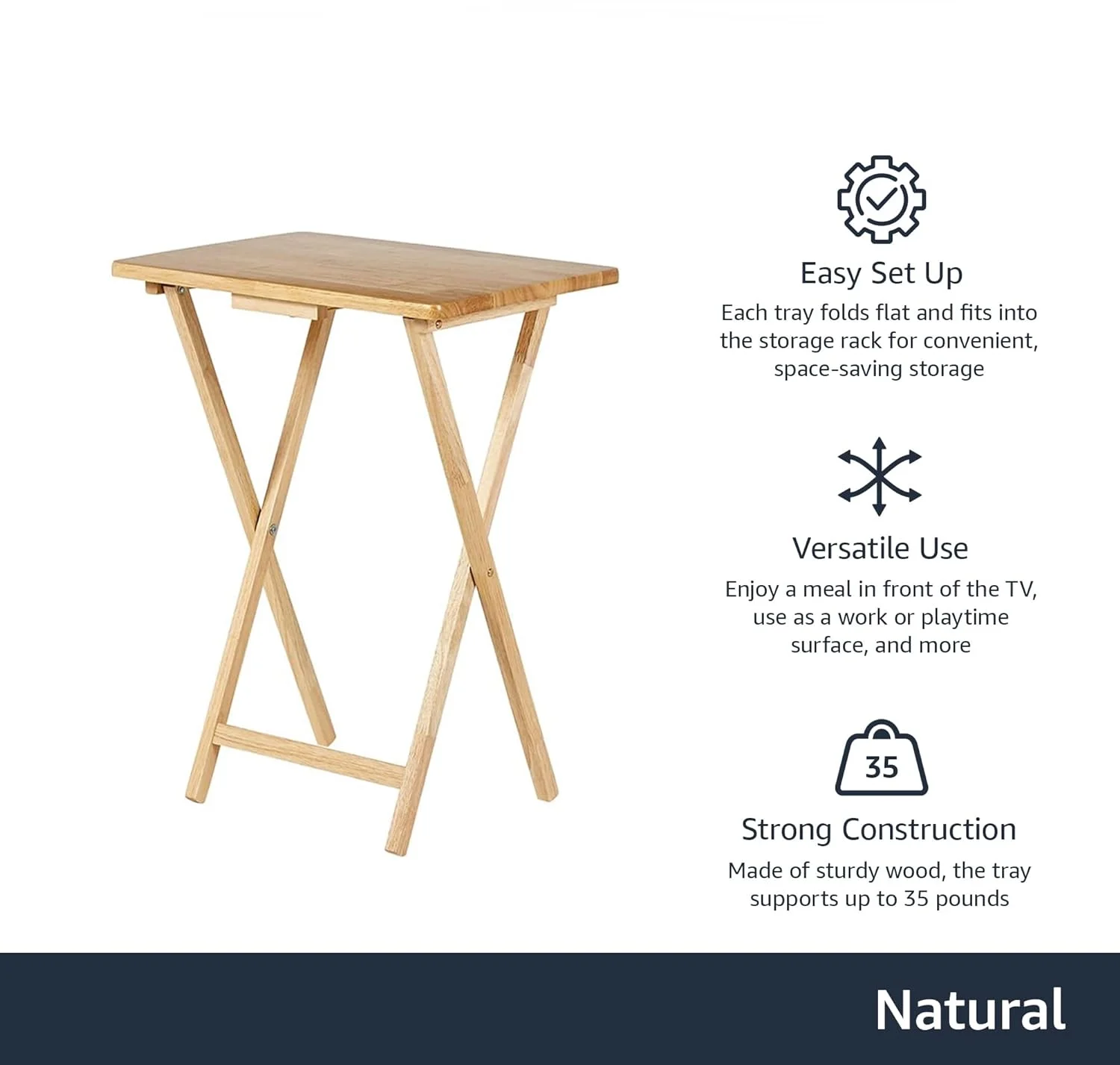 MY Basics Classic Foldable TV Dinner Tray Table with Storage Rack, 14.6 L x 19 W x 26 H inch, Natutral, 4-Pack