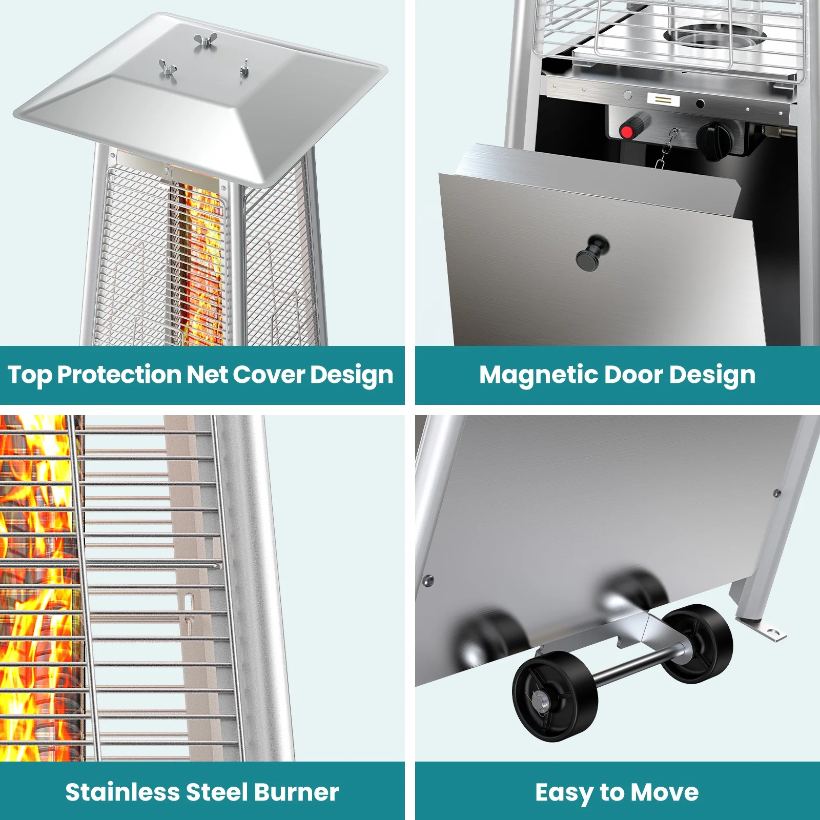edx 42000 BTU Outdoor Propane Patio Heater Tower with Wheels, Stainless Steel