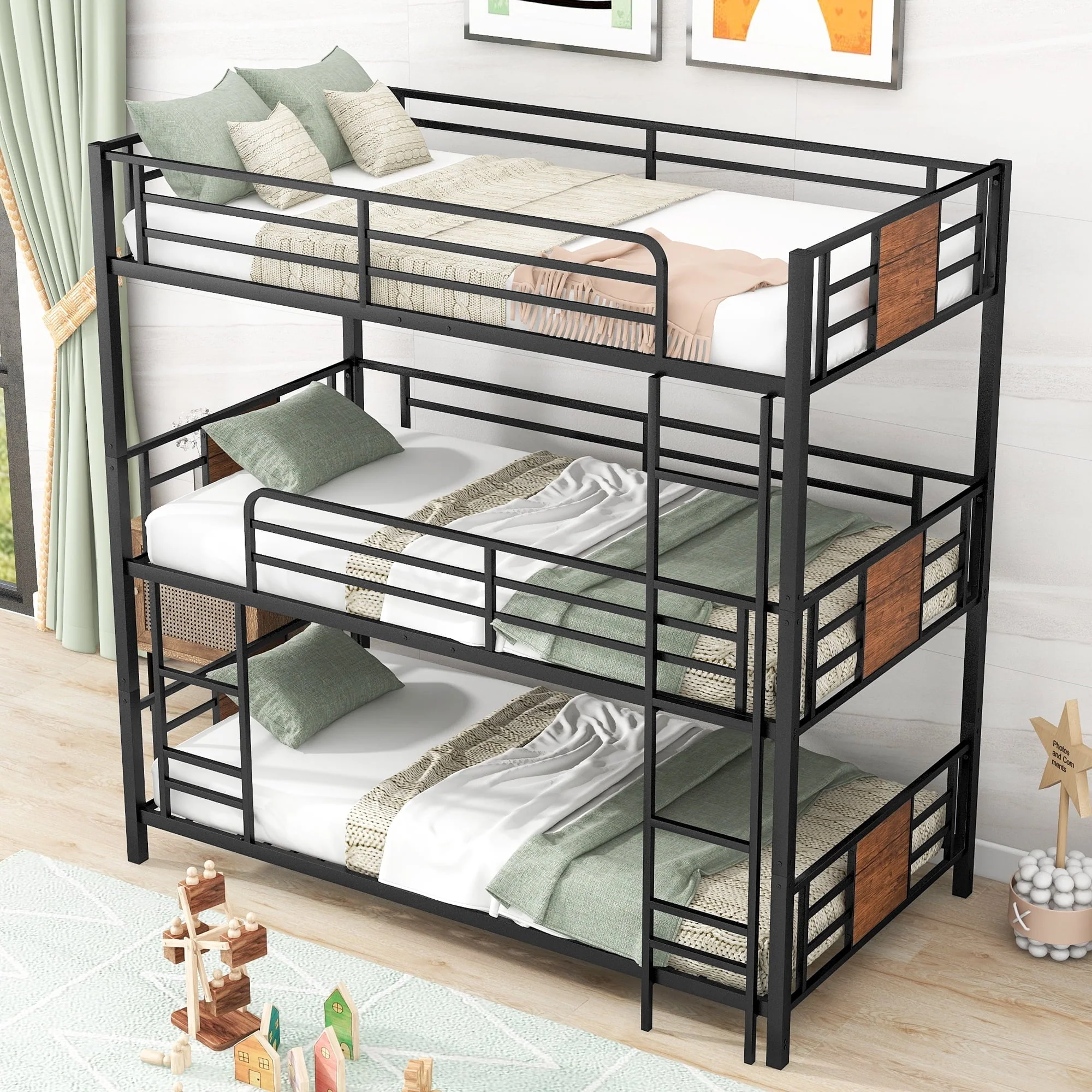 Euroco Metal Twin over Twin over Twin Bunk Bed, Triple Bed for Kids Room, Brown