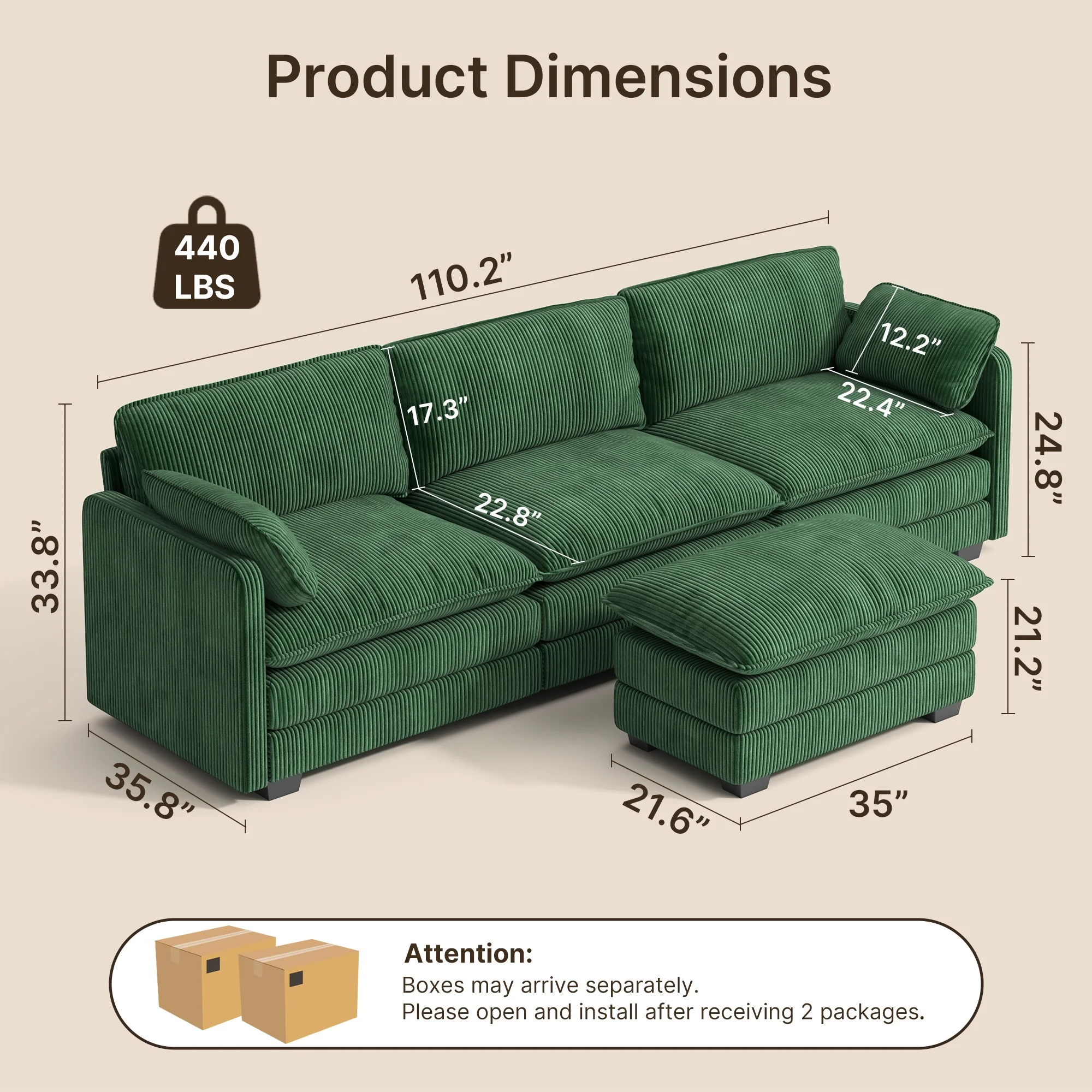 Lofka 110�� Modular Sectional Sofa Bed with Double Layer Cushions and Movable Ottoman, Modern Comfy Cloud Couch for Living Room, DIY Combination, Green