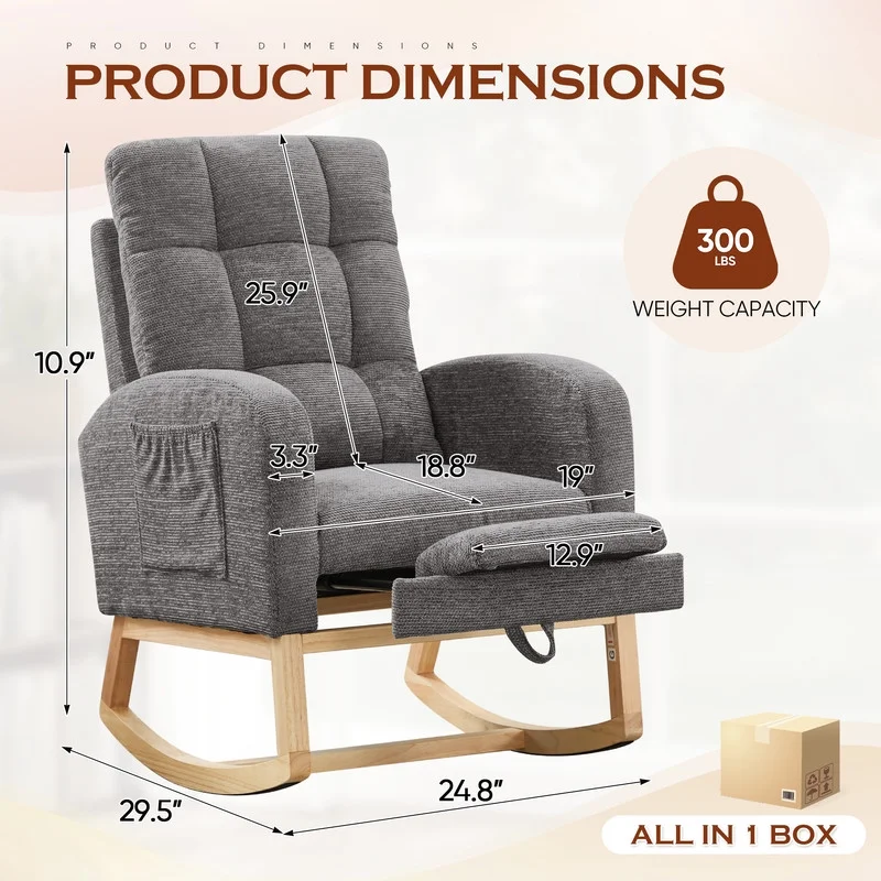 FFH Rocking Chair Nursery, Tufted Accent Rocker Chair, Upholstered Armchair with Adjustable Footrest, Side Pocket, High Backrest, Padded Seat, Polyester Blend (Retro, Dark Gray)