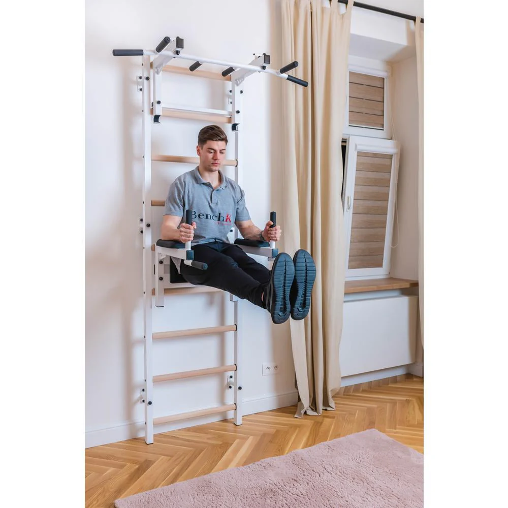 BenchK 733 White Wall bars with convertible steel 6-grip pull-up bar that can also be used as a barbell holder, dip bar with back support and advanced workout bench