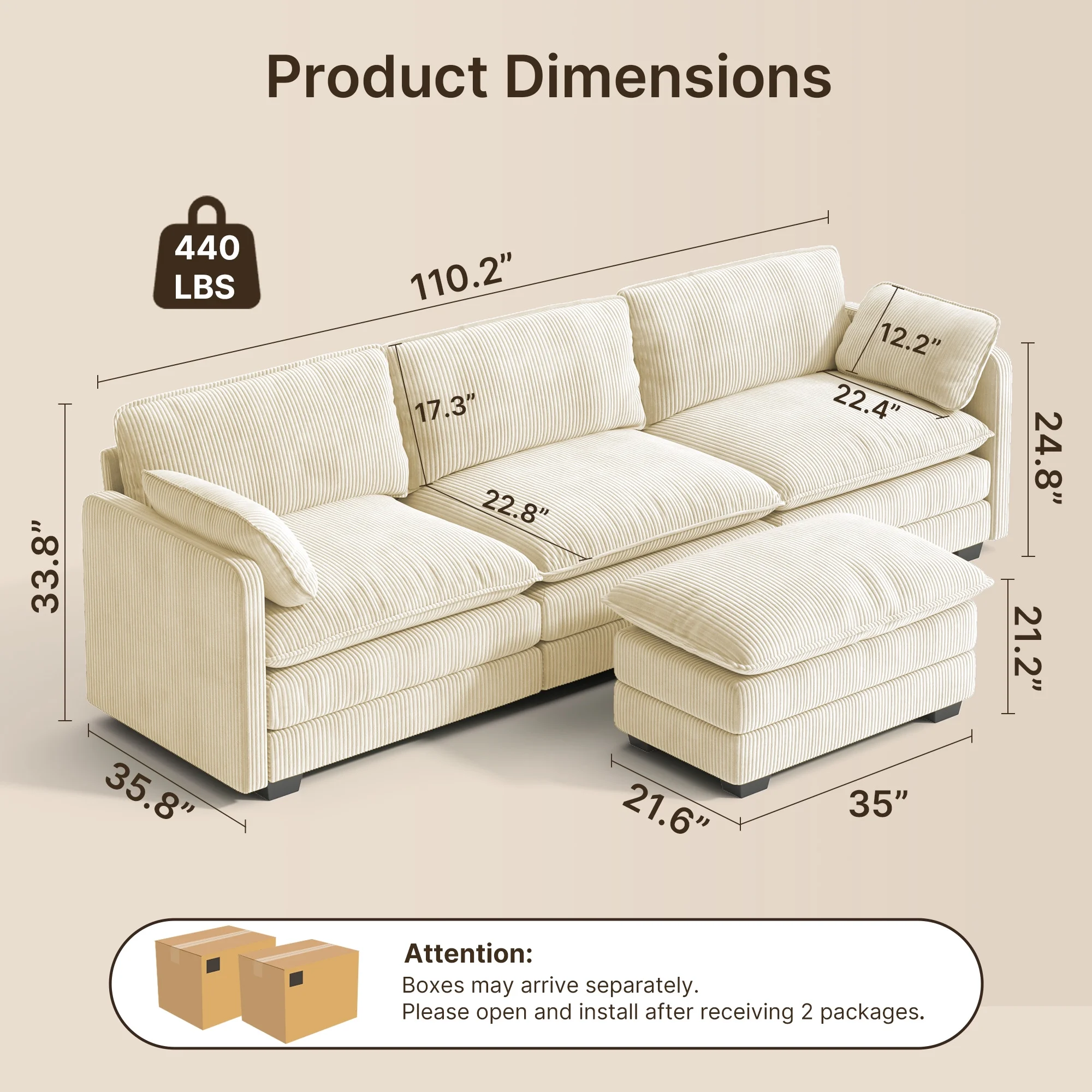 Lofka 110�� Modular Sectional Sofa Bed with Double Layer Cushions and Movable Ottoman, Modern Comfy Cloud Couch for Living Room, DIY Combination, Green