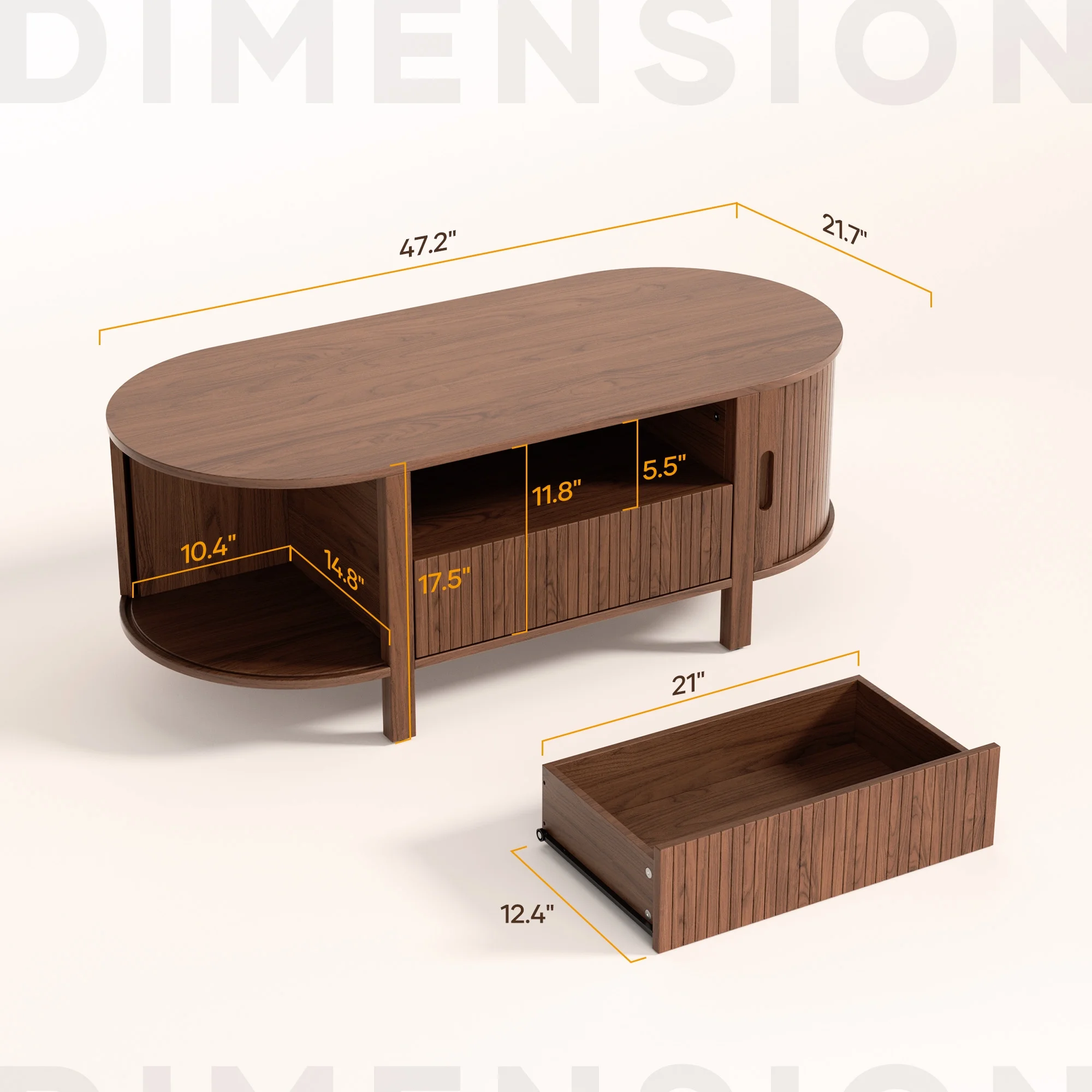 MARNUR Coffee Table with Storage, Tambour Sliding Door, Open Shelf, Mid Century Modern Center Table with Drawer for Living Room, Walnut