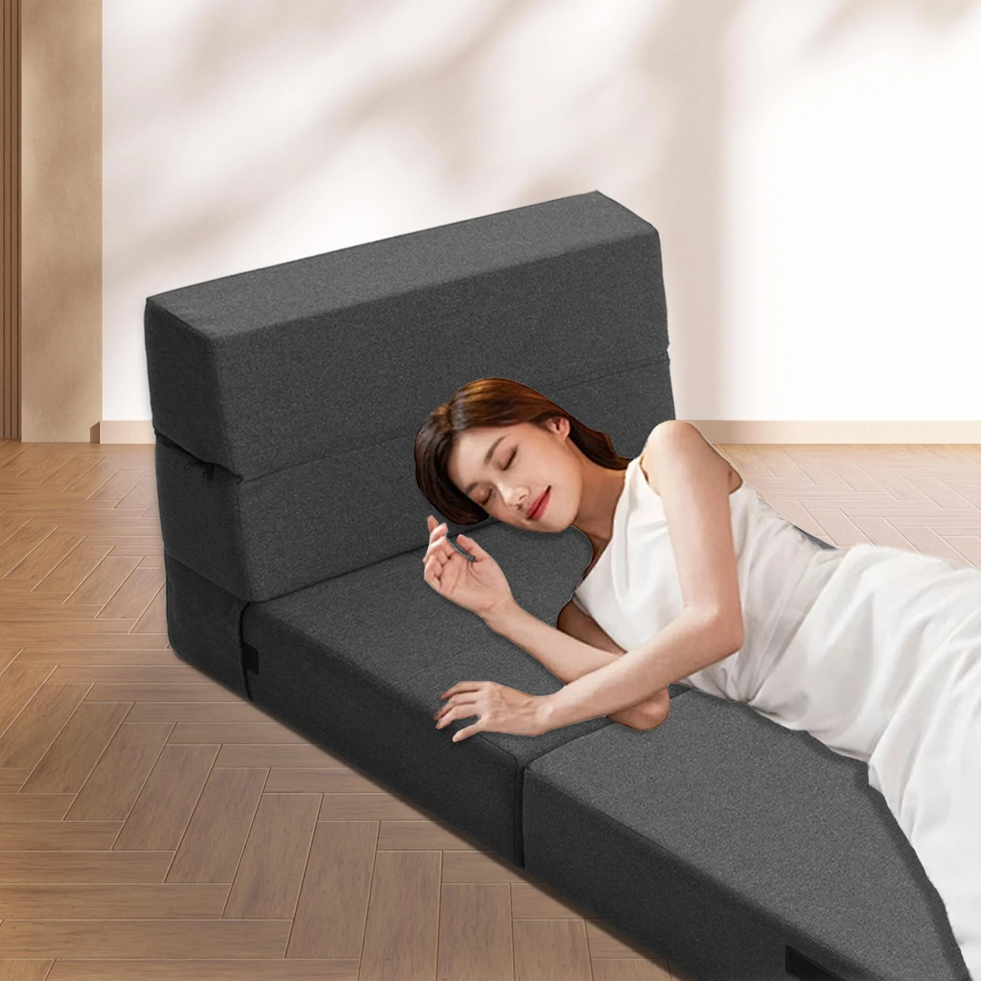 Folding Sofa Bed, 7 inch Memory Foam Floor Couch, Convertible Sleeper Foldable Mattress Futon Sofa for Living Room/Home Office/Guest Beds/Apartment/Upstairs Loft, Dark Gray, Single