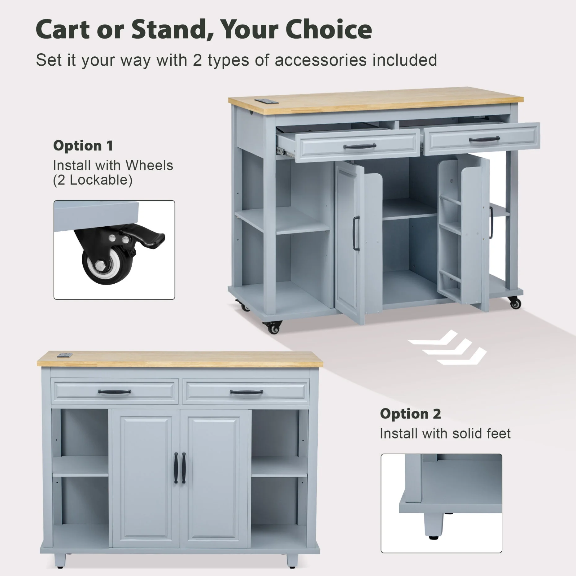 Kitchen Island with Extendable Table and Power Outlet, Wood Kitchen Rolling Cart with 2 Drawers & 2 Cabinets, Internal Storage Rack and Adjustable Shelf, Grey Blue