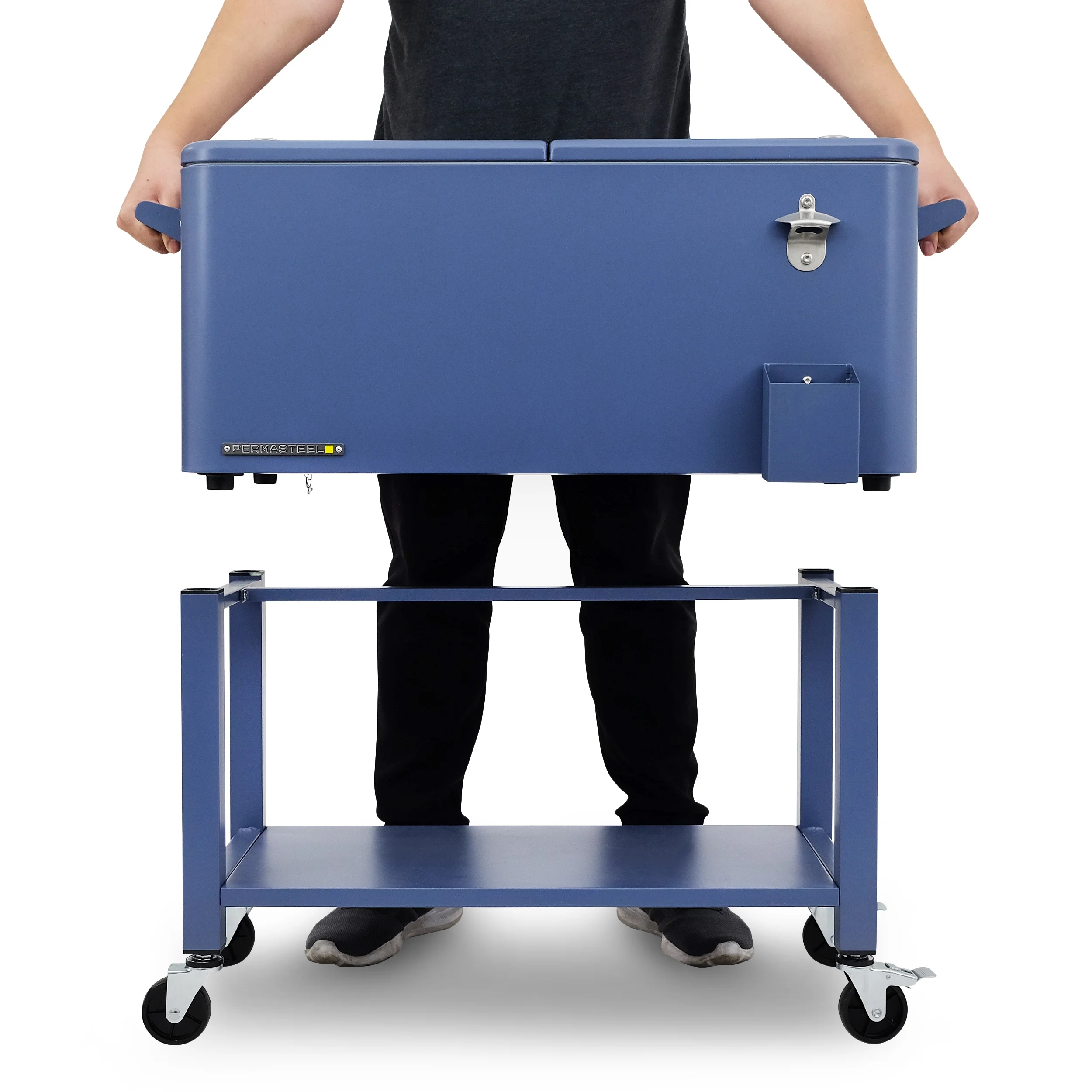 Permasteel 80-Qt Outdoor Steel Patio Cooler with Removable Basin, Rolling Cooler with Wheels, Teal Green