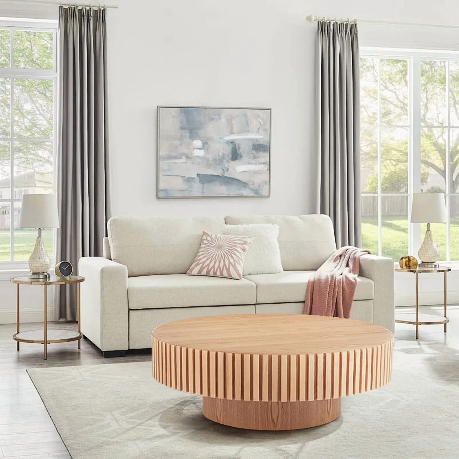 FFH 43.7 inch Oval Coffee Table for Living Room,Handcraft Rustic Corner Coffee Table Nature Wood Relief Sturdy Pedestal for Apartmen,Side Table Centre Table,Nature Wood