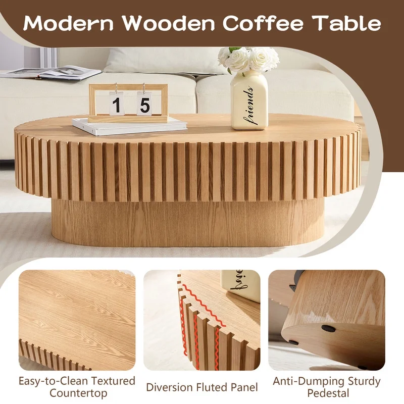 FFH 43.7 inch Oval Coffee Table for Living Room,Handcraft Rustic Corner Coffee Table Nature Wood Relief Sturdy Pedestal for Apartmen,Side Table Centre Table,Nature Wood