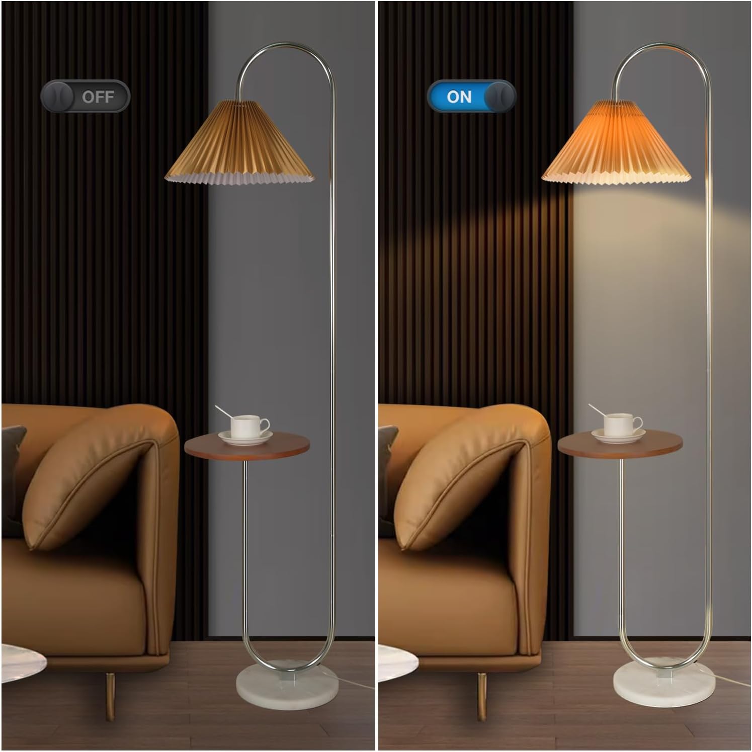 Modern Elegant with Tray Floor Lamp for Office Cafe Den Living Room Bedroom, Foot Switch and Brass/Gold Finish,Light Yellow Pleated Cloth Lampshade