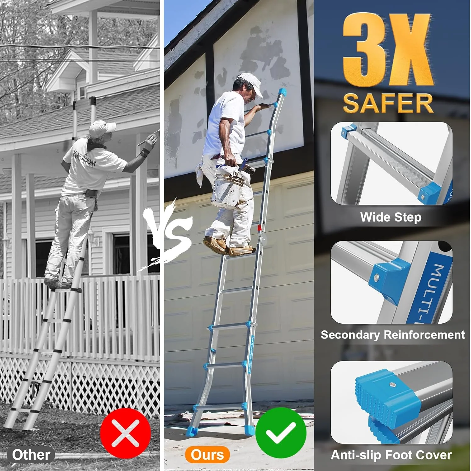 LUISLADDERS Ladder, A Frame 6 Step Ladder Telescoping Ladder, 22 Ft Reach Height Muti Position Folding Ladder Flared Leg & Wheels Design, 330 lbs Capacity Extension Ladder for Household Outdoor Work